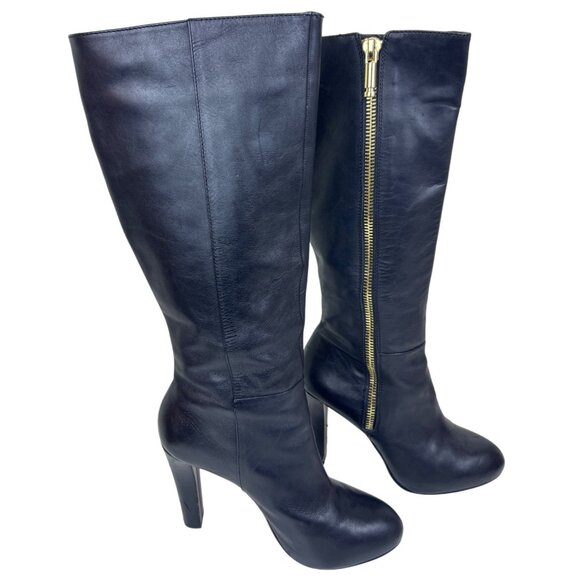 Banana Republic Women's Sz. 8M Tall Black Leather Stiletto Heeled Boots Gold Zip - Picture 1 of 16
